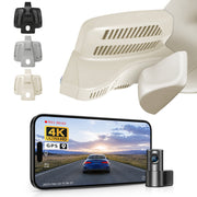 Mangoal 2 channel dash cam with STARVIS sensor, features smartphone app control, front 4K UHD and rear Full HD recording, GPS tracking, and Mercedes-Benz E-Class in the background.