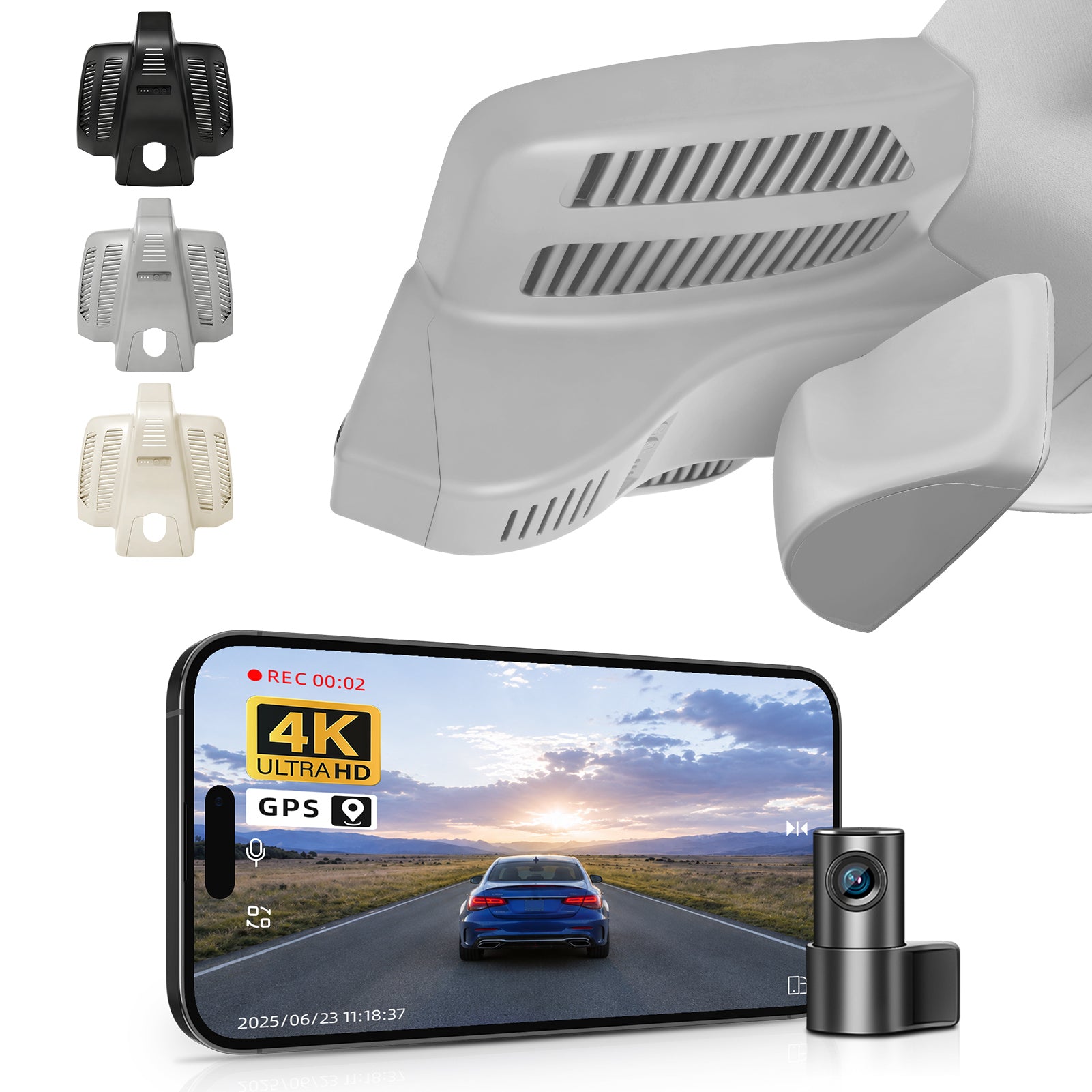 Mangoal 2 channel dash cam with STARVIS sensor, features smartphone app control, front 4K UHD and rear Full HD recording, GPS tracking, and Mercedes-Benz E-Class in the background.