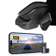 Mangoal 2 channel dash cam with STARVIS sensor, features smartphone app control, front 4K UHD and rear Full HD recording, GPS tracking, and Mercedes-Benz GLC Gen1 in the background.