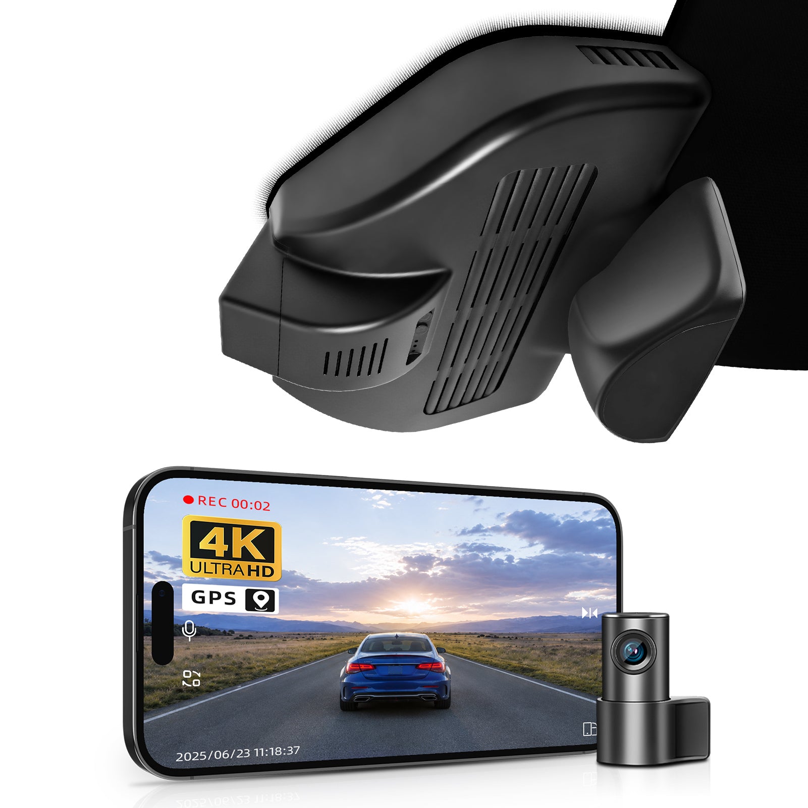 Mangoal 2 channel dash cam with STARVIS sensor, features smartphone app control, front 4K UHD and rear Full HD recording, GPS tracking, and Mercedes-Benz GLC Gen1 in the background.