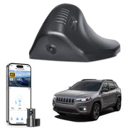 2 channel dash cam with dual STARVIS 2, features smartphone app control, 4K Ultra HD recording, GPS tracking, and Jeep Cherokee models in the background.