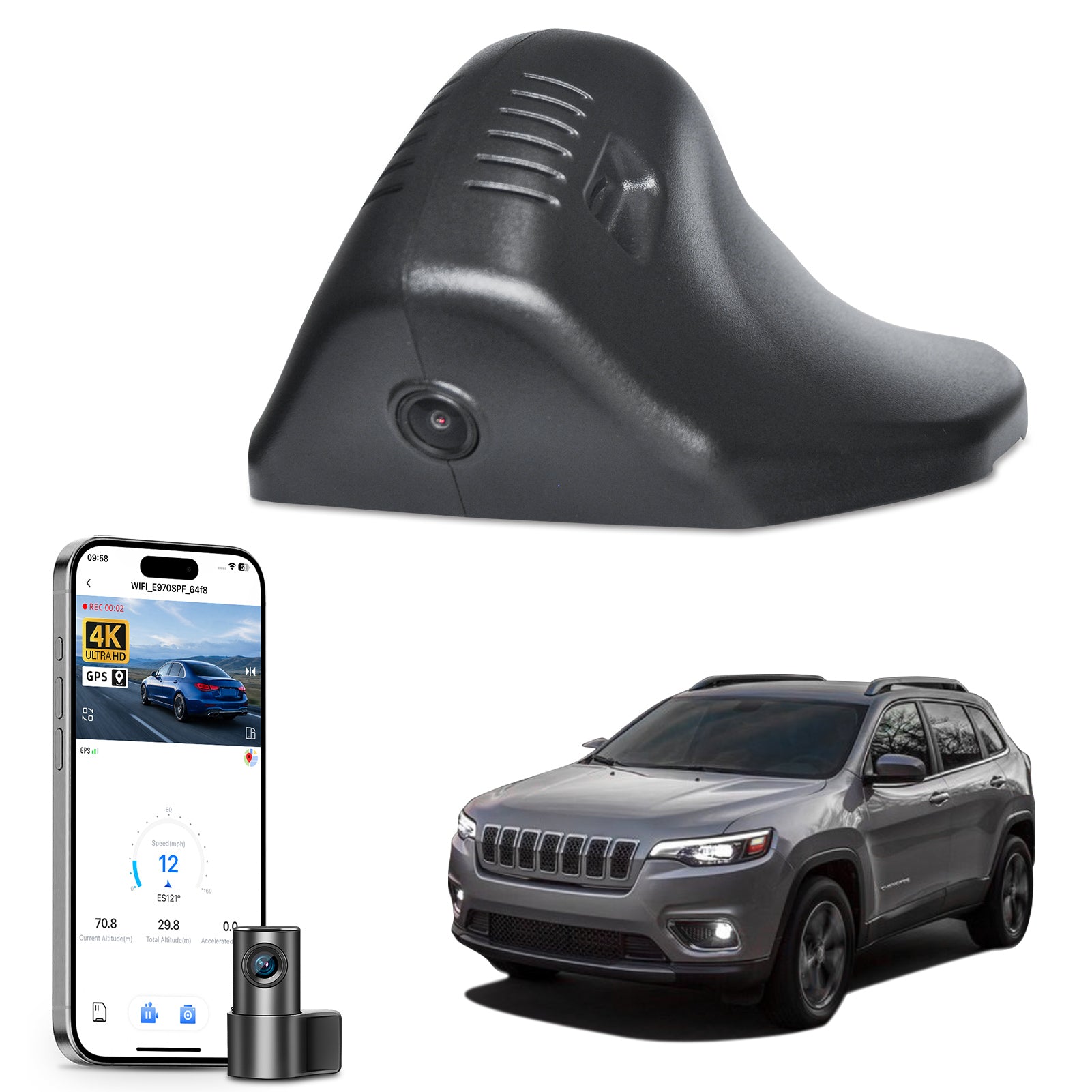 2 channel dash cam with dual STARVIS 2, features smartphone app control, 4K Ultra HD recording, GPS tracking, and Jeep Cherokee models in the background.