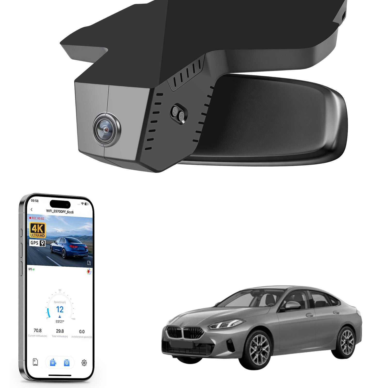 Mangoal rearview mirror built-in dash cam with smartphone app control, 4K Ultra HD recording, GPS tracking, and BMW 2 Series M2 models in the background.
