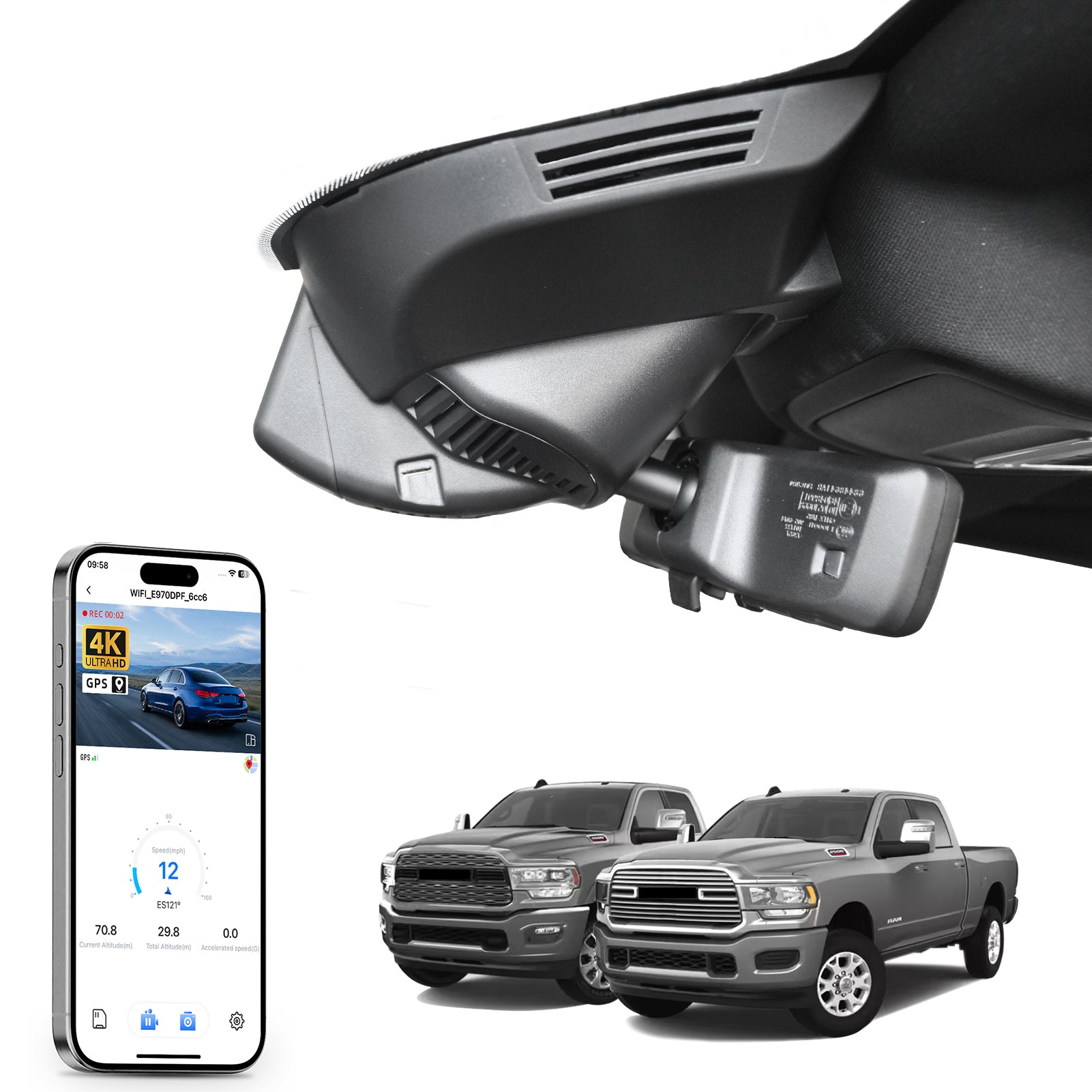 Mangoal rearview mirror built-in dash cam with smartphone app control, 4K Ultra HD recording, GPS tracking, and Dodge RAM models in the background.