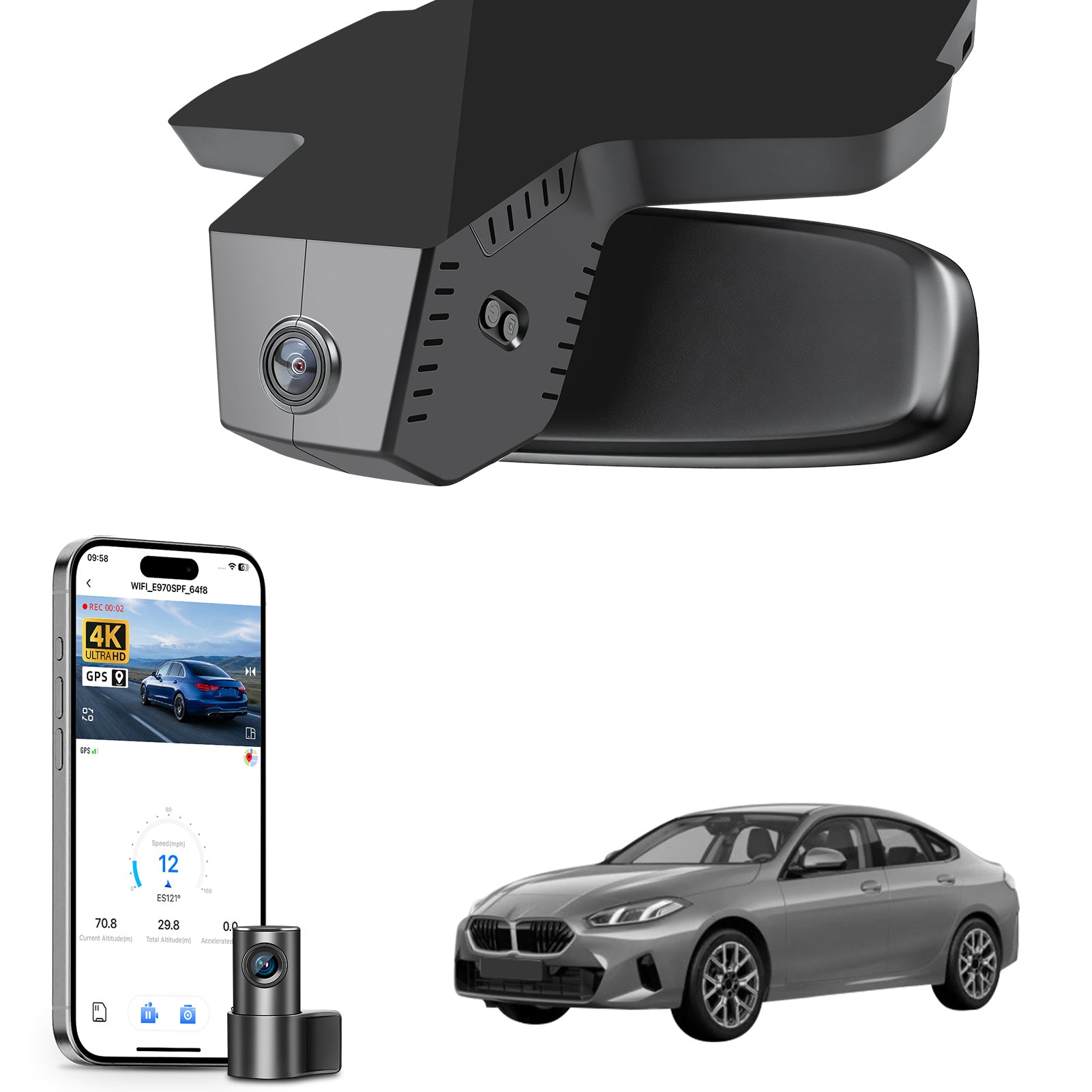 Mangoal 2 channel dash cam with STARVIS sensor, features smartphone app control, front 4K UHD and rear Full HD recording, GPS tracking, and BMW 2 Series M2 models in the background.