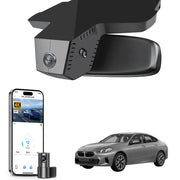 Mangoal 2 channel dash cam with STARVIS sensor, features smartphone app control, front 4K UHD and rear Full HD recording, GPS tracking, and BMW 2 Series M2 models in the background.