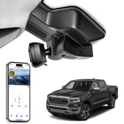 Mangoal rearview mirror built-in dash cam with smartphone app control, 4K Ultra HD recording, GPS tracking, and Dodge RAM models in the background.