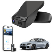 Mangoal 2 channel dash cam with STARVIS sensor, features smartphone app control, front 4K UHD and rear Full HD recording, GPS tracking, and BMW 2 Series M2 models in the background.