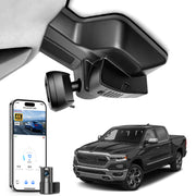 Mangoal 2 channel dash cam with STARVIS sensor, features smartphone app control, front 4K UHD and rear Full HD recording, GPS tracking, and Dodge RAM in the background.