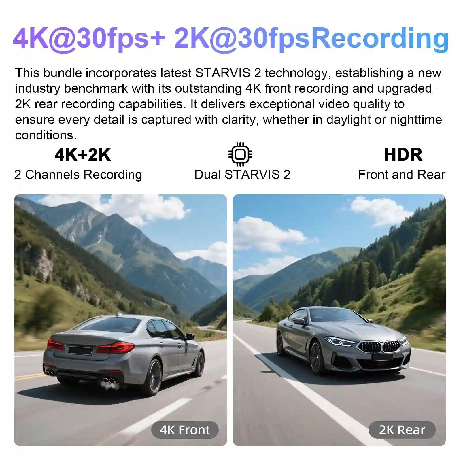 Dual-channel dash cam showing 4K front and 2K rear recording with clear road details, using Dual STARVIS 2 sensors and HDR for sharp day and night video.